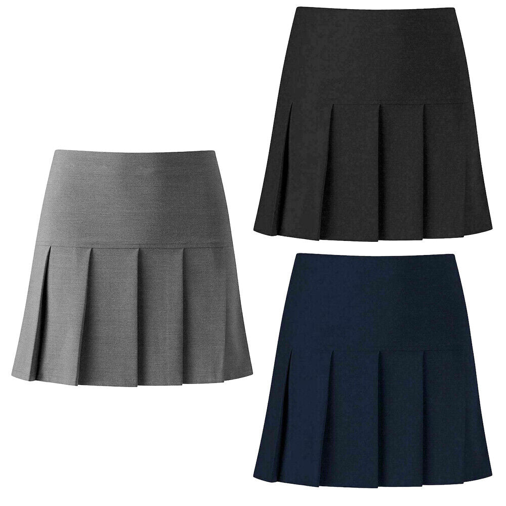 Ladies Uniform Half Drop Pleated Skirt Elasticated All Round Plain Zip Skirt