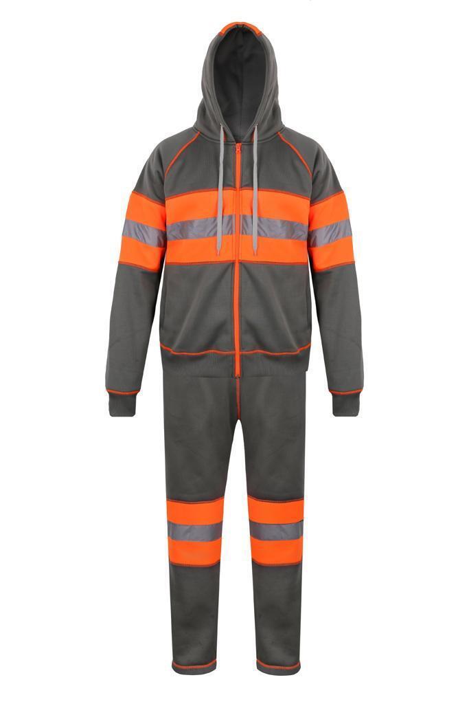 New men's hi viz charcoal zipper hoodie safety work wear jogging tracksuit